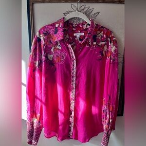 Chico’s Boho Floral Blouse Pink Magenta Peasant Top Smocked Cuffs XL